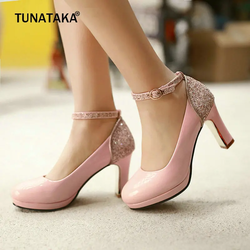 

Ladies Fashion Bling Mary Jane Pumps Platform Buckle Square High Heels Dress Party Shoes Beige Green Pink