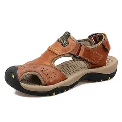 Для мужчин летние сандалии для прогулок из натуральной Кожаные пляжные сандалии тапочки человек Новый Стиль Вьетнамки Марка мужские
