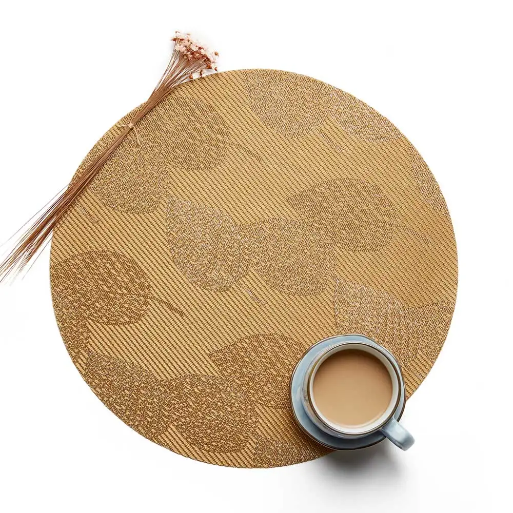 

Print LOGO 35cm/13.7in Floral Leaves Pattern Plastic Tableware Mat Heat Insulation Non-Slip Round Placemat Gold for Dining Table