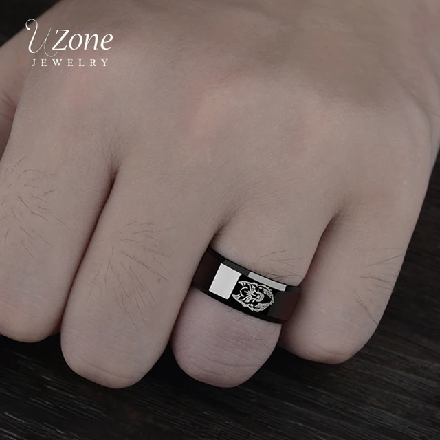 Uzone 8mm Black Anime Ring Stainless Steel Video Movie Wedding Uzone 8mm Black Anime Ring Stainless Steel Video Movie Wedding Bands Jewelry Simple Wolf Logo