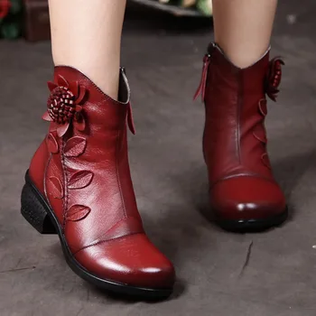 

Nice Ethnic Women'S Boots Soft Genuine Leather Handmade Retro New Flowers Women Shoes Comfortable Anti-Skid Zipper Shoes Female