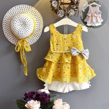

Children Summer Clothes Sets 2019 New Style Girls Sleeveless Sling Floral Chiffon Clothes Suits And Straw Hat 3pcs Baby Clothes