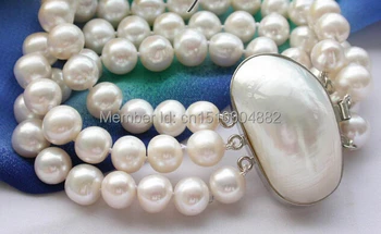 

free shipping 3row 10mm white round freshwater pearl bracelet