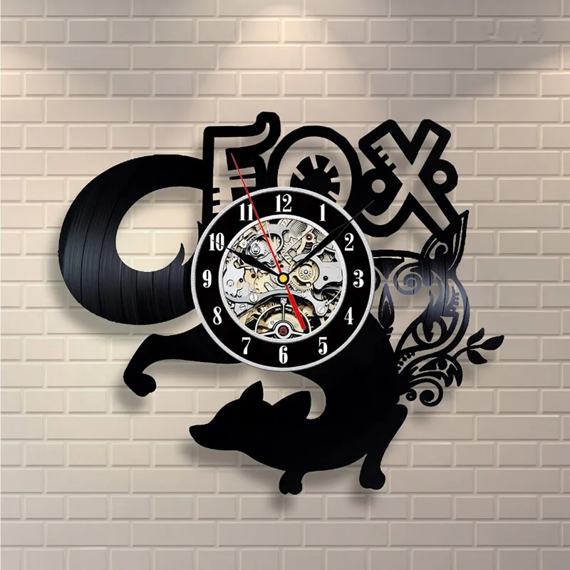 

Creative Cartoon Animal CD Record Clock Hollow Foxes Vinyl Record Hanging Wall Clock Round Antique LED Clock Home Decor Clock