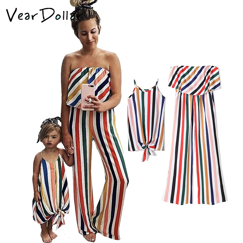 

VearDoller Family Matching Outfits 2019 Summer Colorful Stripes Mom Jumpsuit and Baby Dress Mother Daughter Clothes Family Look