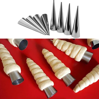 

5Pcs/lot Conical Tube Cone Roll Moulds Stainless Steel Spiral Croissants Molds Pastry Cream Horn Cake Bread Mold Baking Supplies