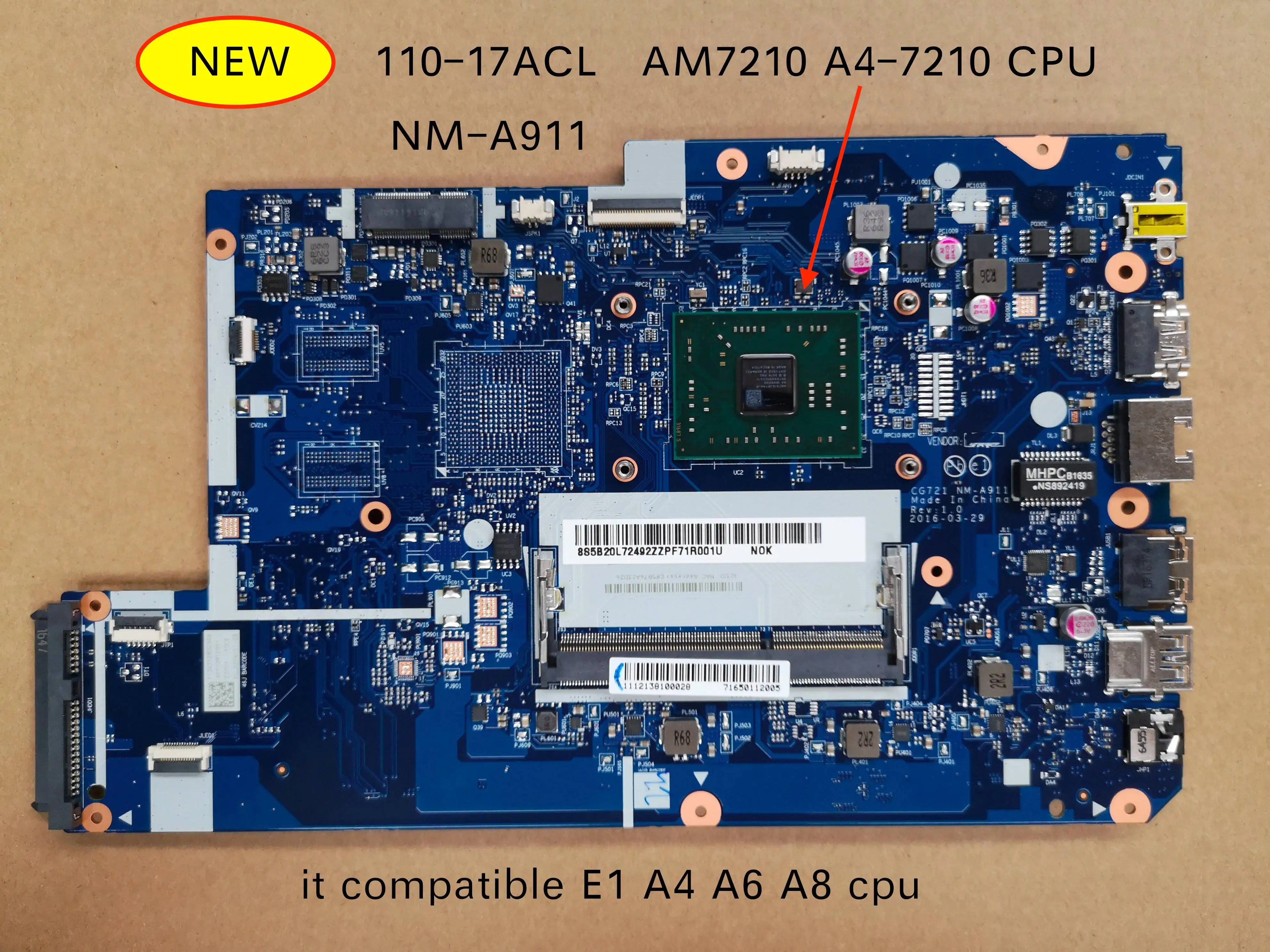 Для lenovo 110-17ACL 110 17ACL CG721 NM-A911 материнская плата для ноутбука AM7210 A4-7210 процессор