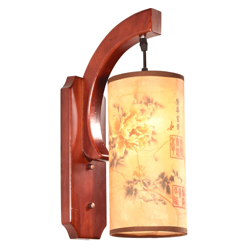 

Chinese style brown wood frame wall lamps Antique yellow peony pattern parchment E27 LED lamp for porch&stairs&pavilion XDBD003