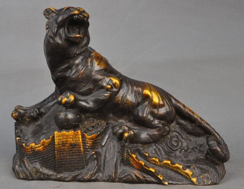 

11" Old Chinese Feng shui Gilt Bronze Zodiac Animal Ferocious Tiger Lucky Statue