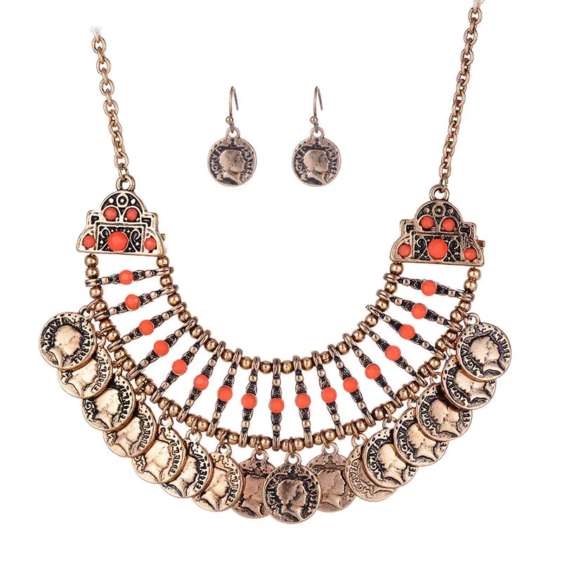 

New Summer Arrival Statement Jewelry Sets Antique Gold Color Red Resin Coin Tassel Choker Necklace Drop Earrings Engagement