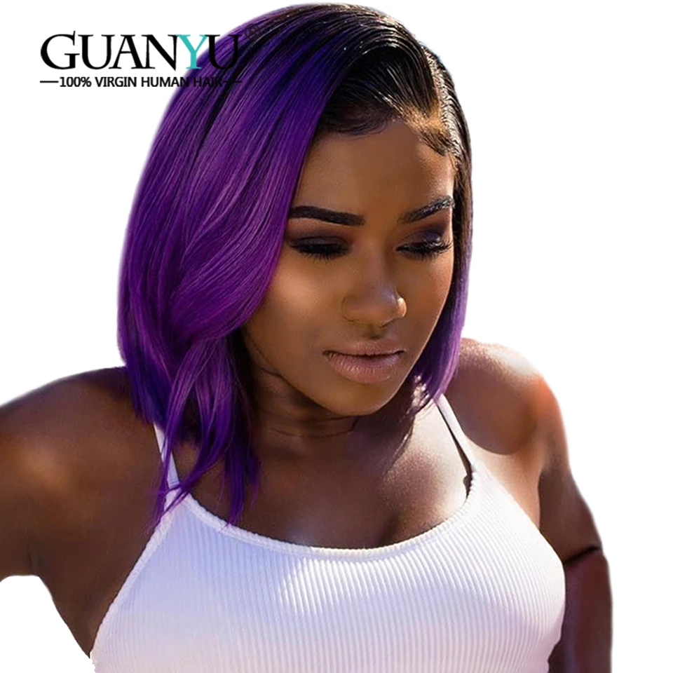 Guanyuhair Short Purple Bob Wigs Brazilian Remy Human Hair Pre