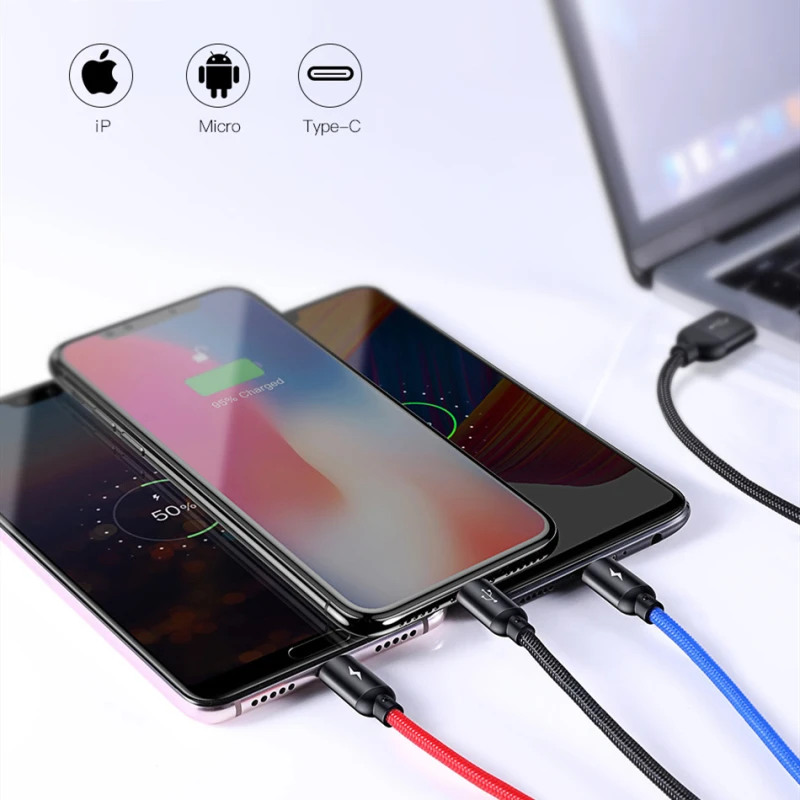 Baseus 3 في 1 كابل يو اس بي للهاتف المحمول المصغّر usb نوع C كابل الشاحن ل فون كابل شحن مايكرو شاحن يو اس بي الحبل