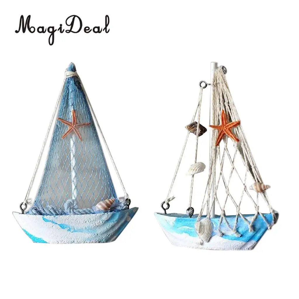 2pcs Vintage Mediterranean Style Marine Nautical Wooden Blue Sailing Boat Ship Wood Crafts Ornaments Party Home Room Decoration