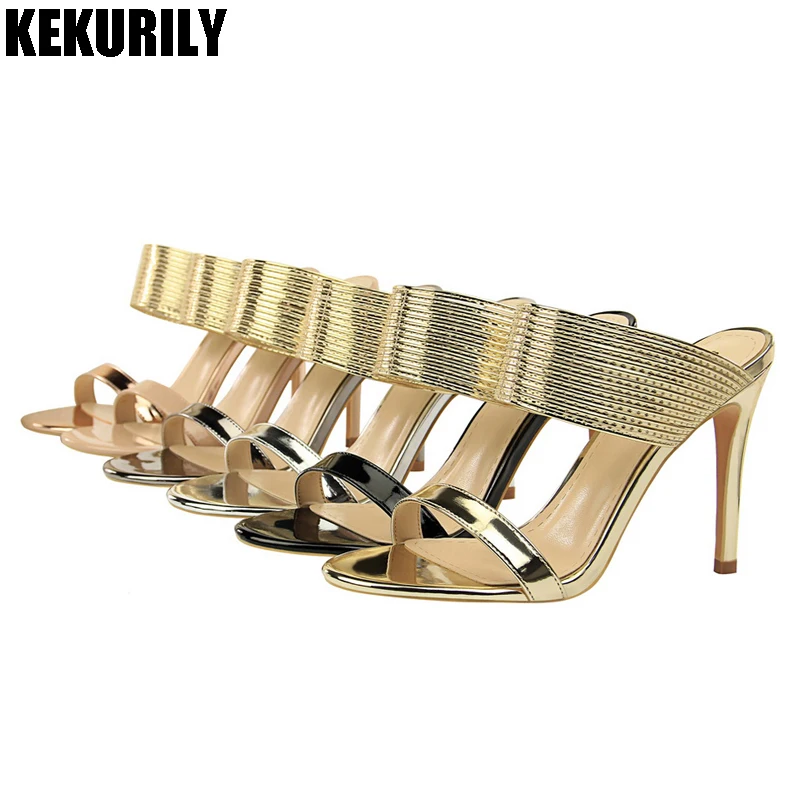 comprar Sapatos de couro de Patente da Mulher Mulas glitter Peep toe Desliza Chinelos Deslizamento em Sandálias de salto Alto preto ouro prata bronze champanhe