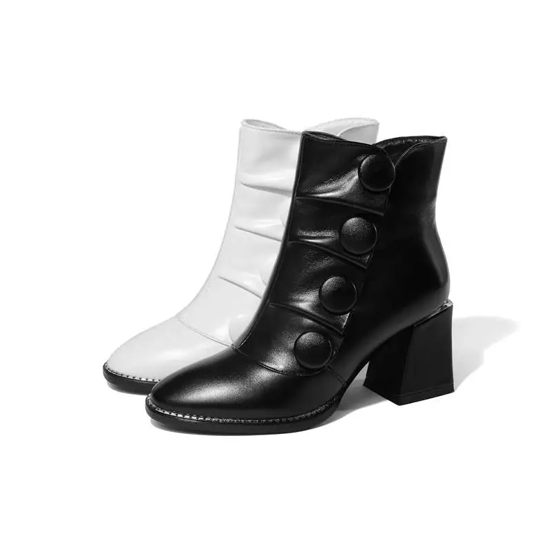Bouton Cuir white Hiver Pour Noir Bottes Mode Bout À Pointu Nouvelle Véritable Hauts 2018 Memunia Cheville Arrivée Épais En Femmes Talons Zip De Sq6vwnBwR