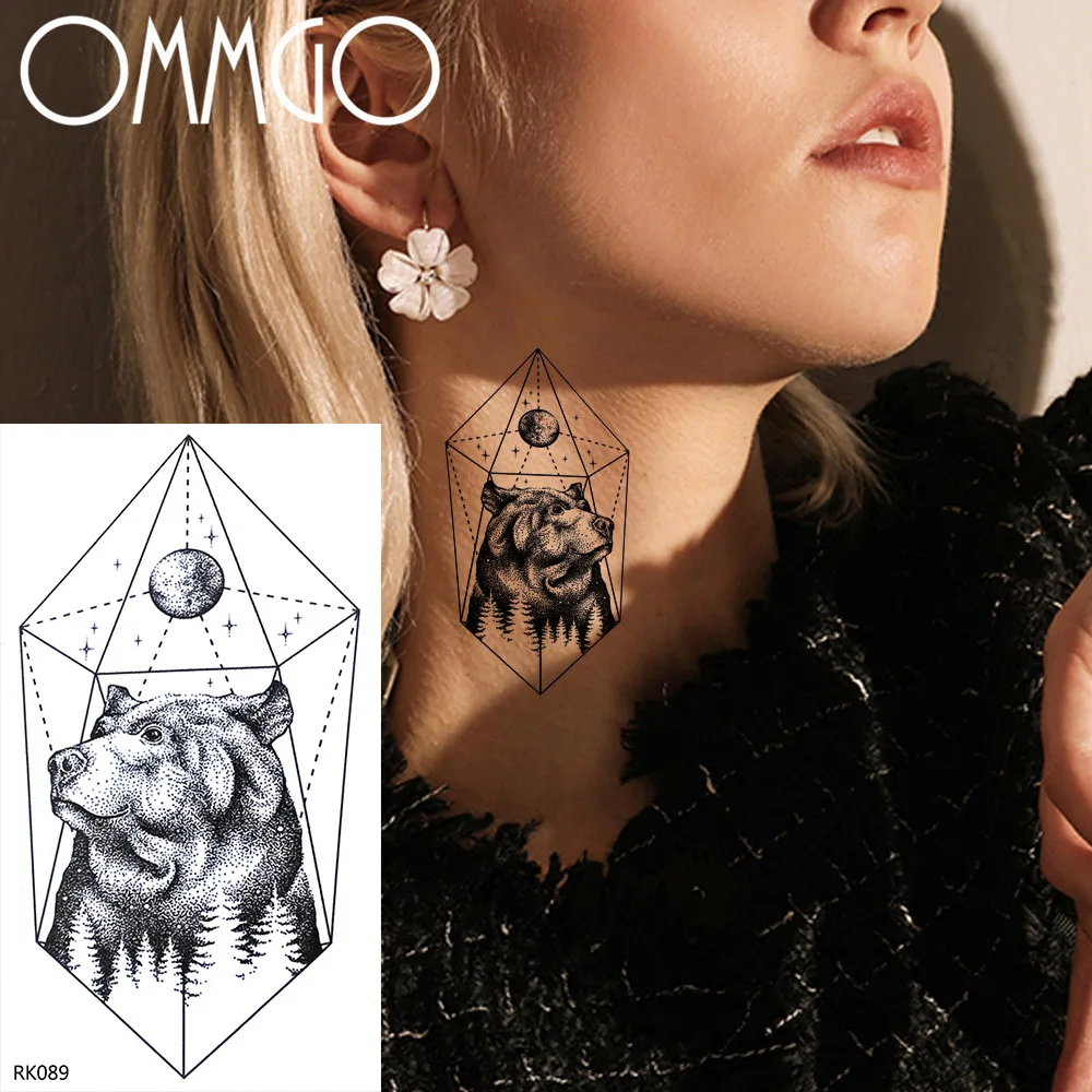 Временная тату наклейка OMMGO Bear черная искусственная татуировка с геометрическим