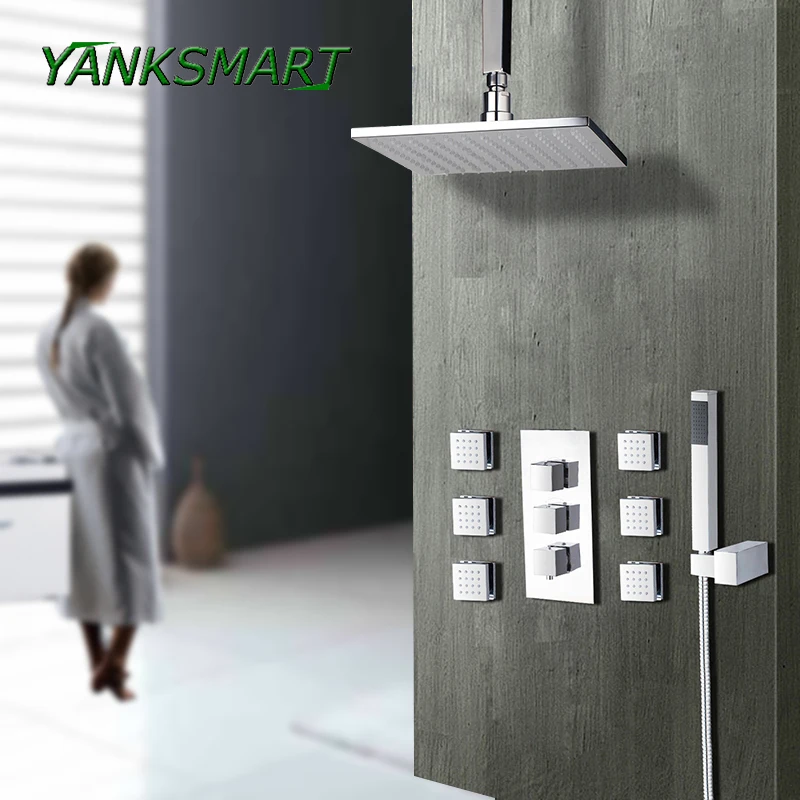 

YANKSMART Rainfall Bathroom Kit Hand Shower Faucets Sets Square Shower Head Chrome Brass Message Jets Shower Set Wall Mounted