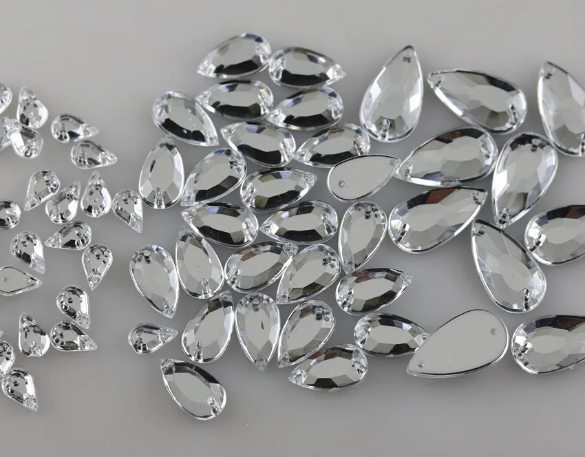 

acrylic crystal water drop shape flat top faceted clear resin Handmade sew silver flat back rhinestone applique 50pcs MC W