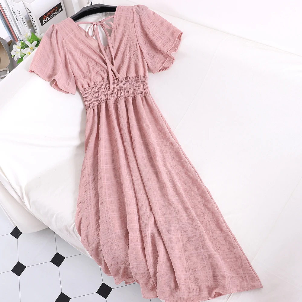 

Women Summer Butterfly Sleeve V-neck Dress Casual Elastic Slim High Waist Pleated Pullover Mesh Gauze Ruffle Chiffon Voile Dress