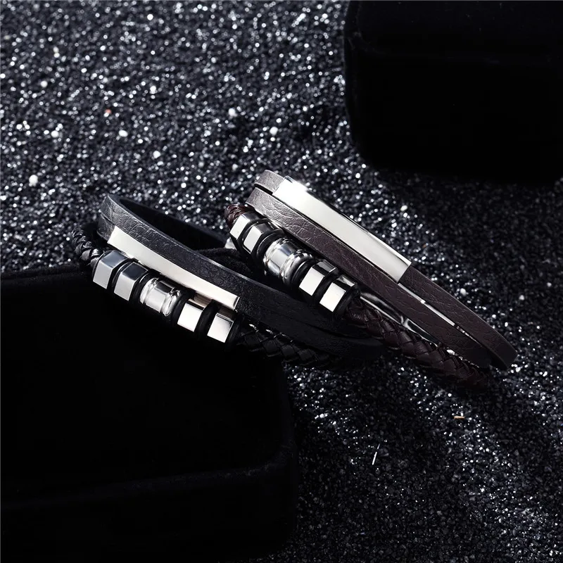 Стильный браслет из нержавеющей стали и браслет серебристый браслет из натуральной кожи мужские винтажные ювелирные изделия горячая распродажа