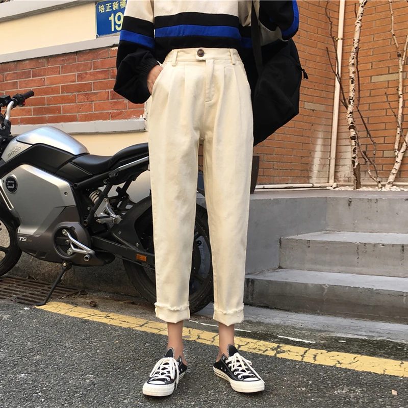 

2 Colors Mihoshop Ulzzang Korean Korea Women Fashion Clothing High Waist Denim Trousers White Jeans Pants