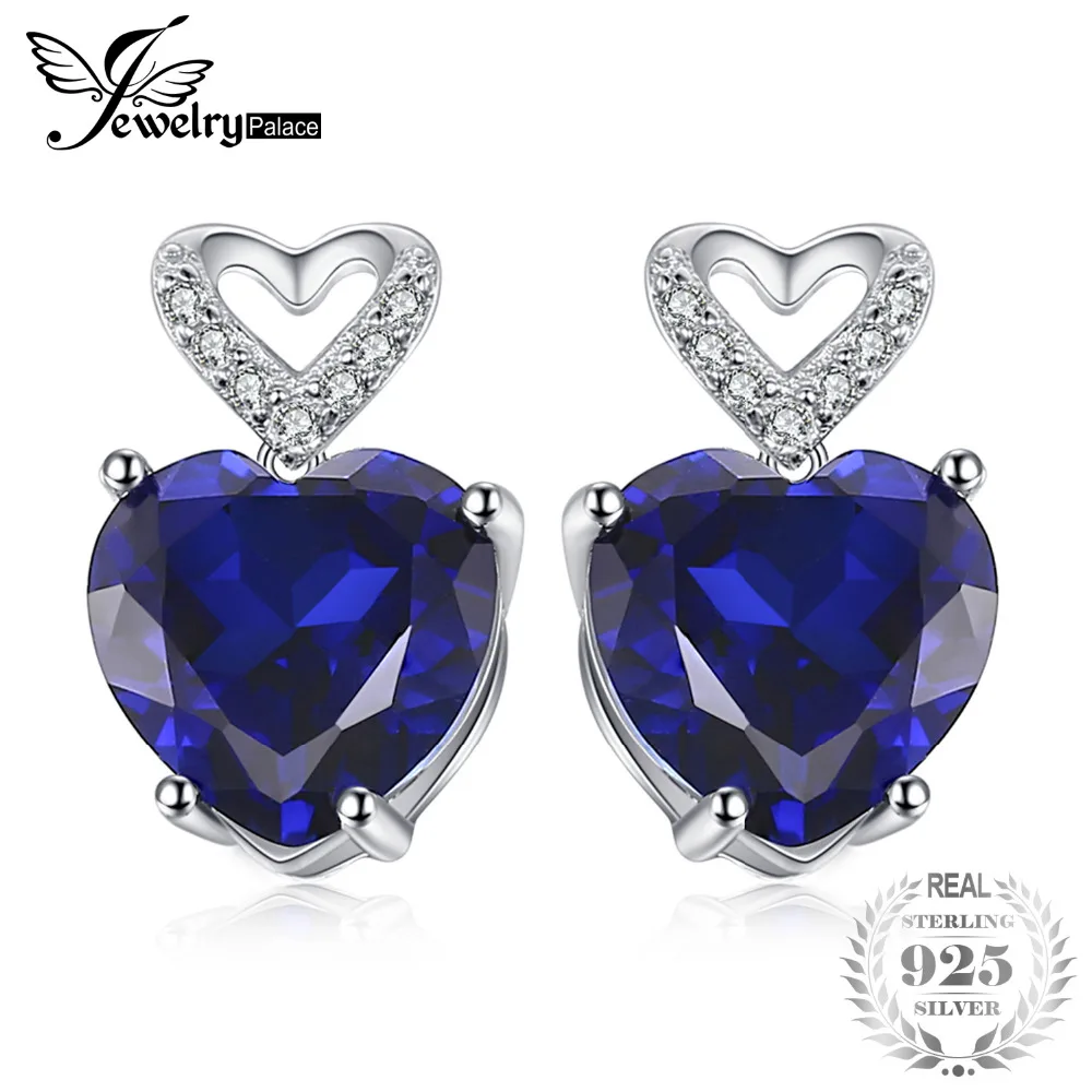 

JewelryPalace Heart Love 7.27 ct Created Blue Sapphire Stud Earrings Charms 925 Sterling Silver Wedding Jewelry Gifts For Women