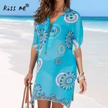 Пляжное винтажное богемное пляжное платье, женское шифоновое платье-туника, купальник с цветочным принтом, Летний синий купальный костюм