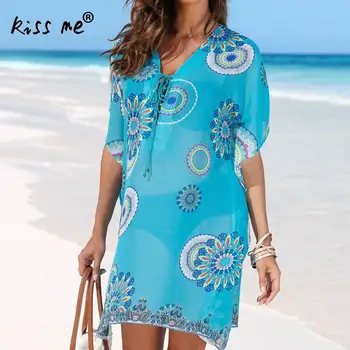 

Beach Cover Up vintage bohemian beach dress woman Chiffon Tunic dress floral printed swimsuit cover up Summer blue bathing suit