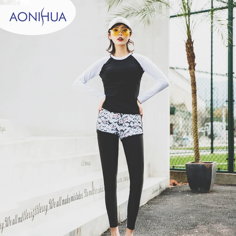 

AONIHUA Three Piece Swimsuits Women Vintage Palm wave Print Long sleeve Swimwear female Retro Surfing Bathing Suit