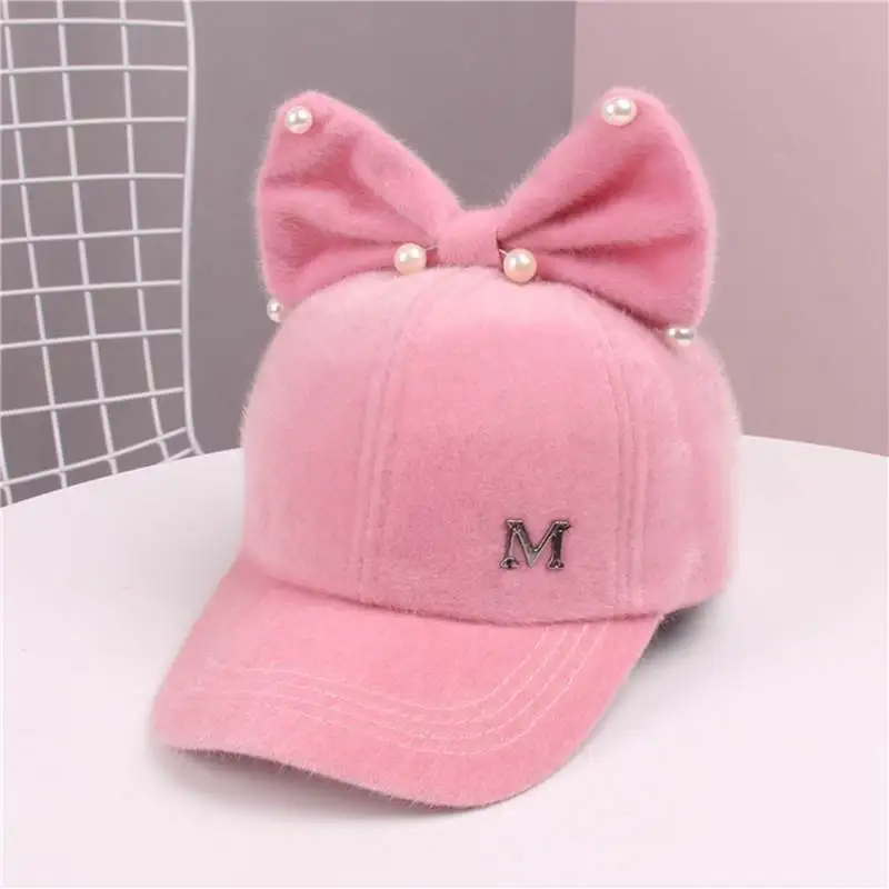 Осенне-зимняя бархатная Детская кепка с милыми заячьими ушками, жемчугом и большим бантом для девочек, детская бейсбольная кепка, бейсболка в стиле хип-хоп - Цвет: velvet pink