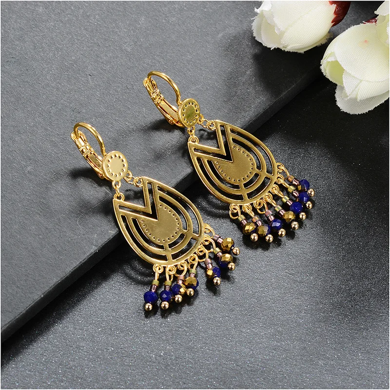 Dorado New Design Trendy Bohemian Hollow Letter V Earrings Long Tassel Resin Beaded  Drop Big Earrings Pendants For Women  (6)