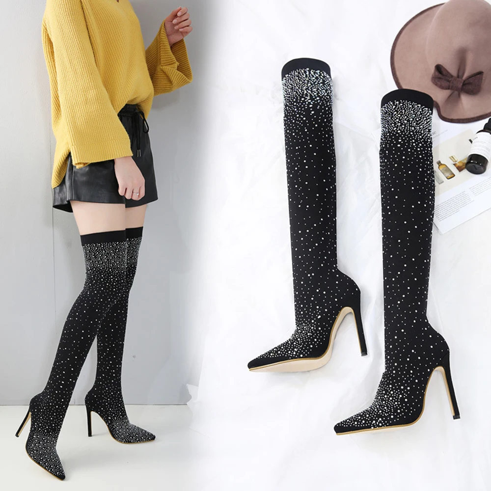 

Runway Crystal Stretch Fabric Sock Boots Over-the-Knee Heel Thigh High Pointed Toe 2019 Fashion Woman Boots Black Winter Boots