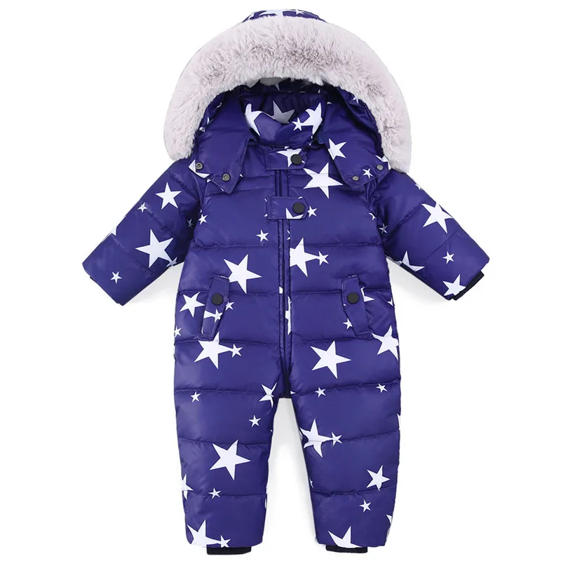 Зимняя одежда для маленьких девочек комплекты для малышей теплая белая утка вниз комбинезон для мальчиков утепленные парки пальто с капюшоном Детская верхняя одежда P190 - Цвет: Синий
