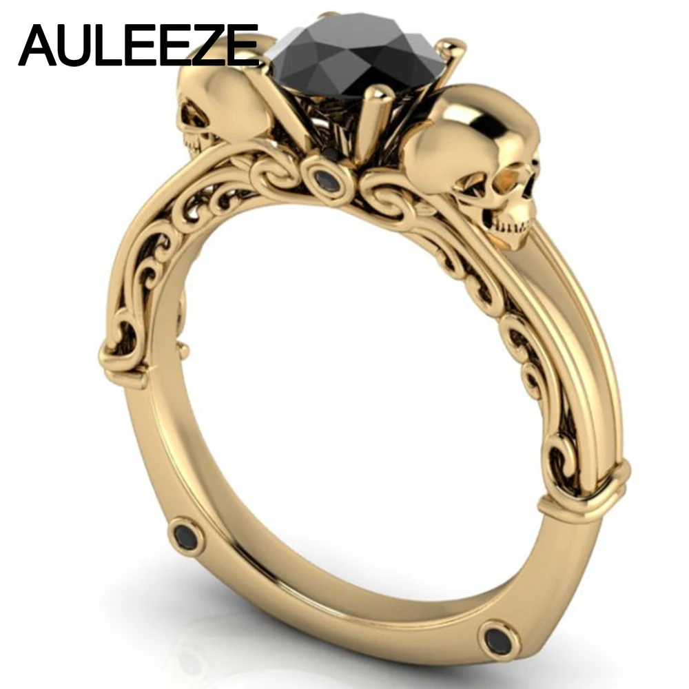 Halloween Double Skull Natural Black Agate Engagement Ring Solid 10K Yellow Gold Real Gemstone Ring Vintage Filigree Onxy Ring