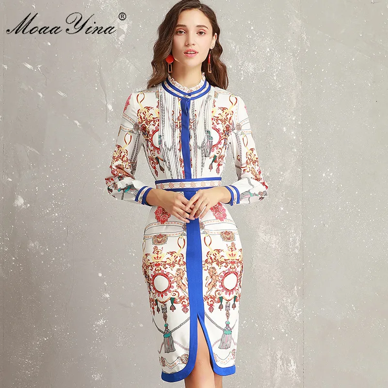 

MoaaYina Fashion Designer Runway Dress Spring Women Ruffled collar Long sleeve Ruched Stripe Print Slim Packet hip Elegant Dress