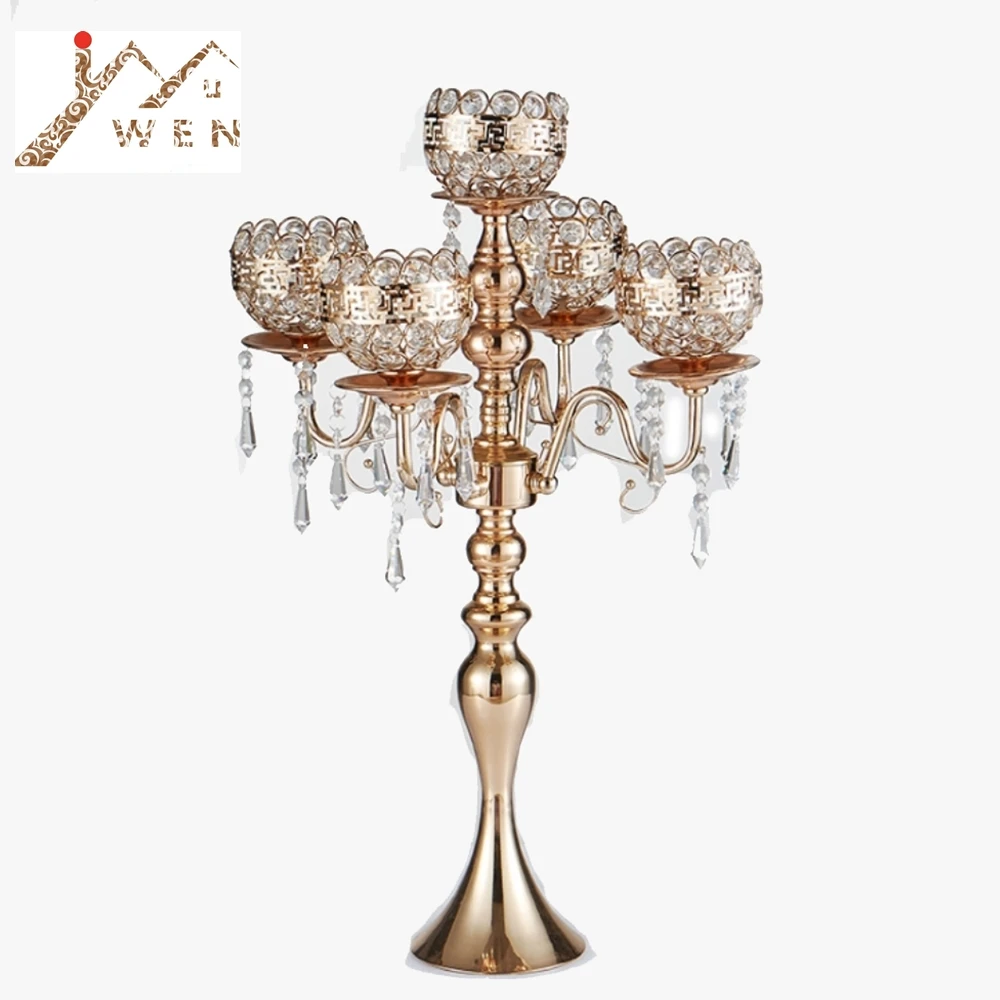 

63 cm Tall 5-arms Metal Gold Candelabras With Pendants Romantic Wedding Table Candle Holder Home Decoration 10 pcs/lot