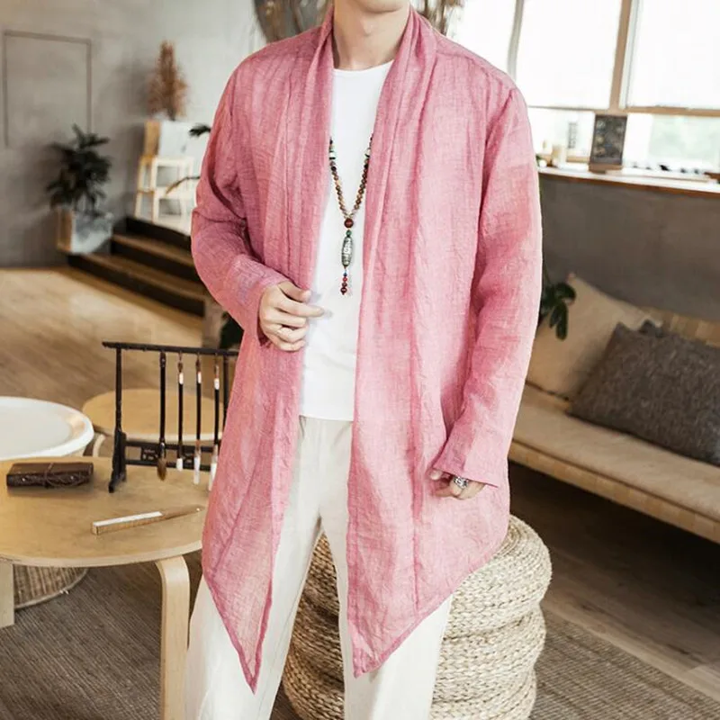

2019 Men summer thin vintage cotton linen long trench coat pink color cloak male casual cardigan Japanese punk jackets 5XL