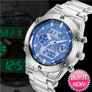 Мужские часы, аналого-цифровые спортивные часы из нержавеющей стали, водонепроницаемые наручные часы с двумя часовыми поясами и будильником