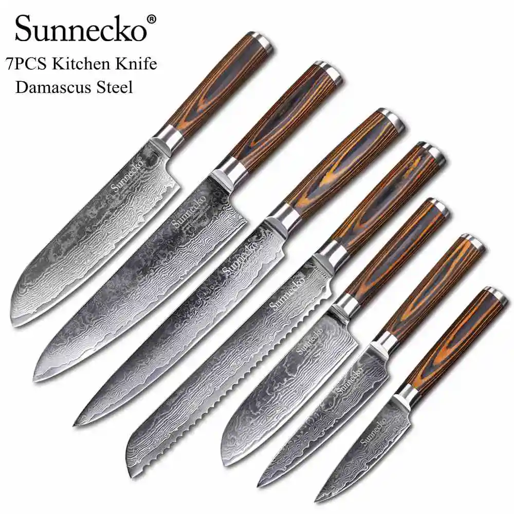 

SUNNECKO Premium 7PCS Kitchen Knives Set Damascus Steel Paring Santoku Slicer Utility Bread Chef Japaness VG10 Blade Chef Knives