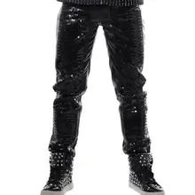 Сценические мужские кожаные штаны с блестками, Мужские штаны, певица, танцевальный рок, модные панталоны для мужчин, уличные, новинка, черные