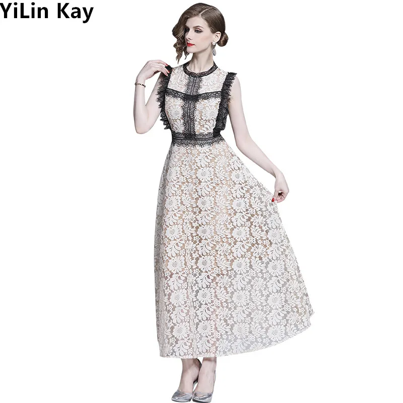 

YiLin Kay New 2019 High Quality Women Brand Designer Summer dress Eyelash lace patchwork cut-out long Dress Vestidos