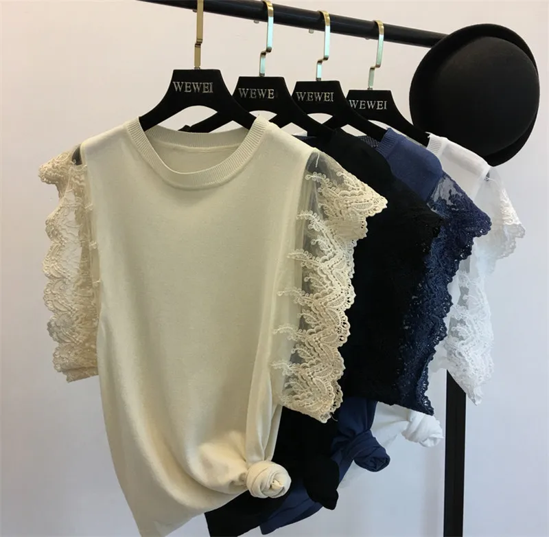 Женский вязаный Топ ALPHALMODA с кружевными рукавами однотонный Повседневный тонкий