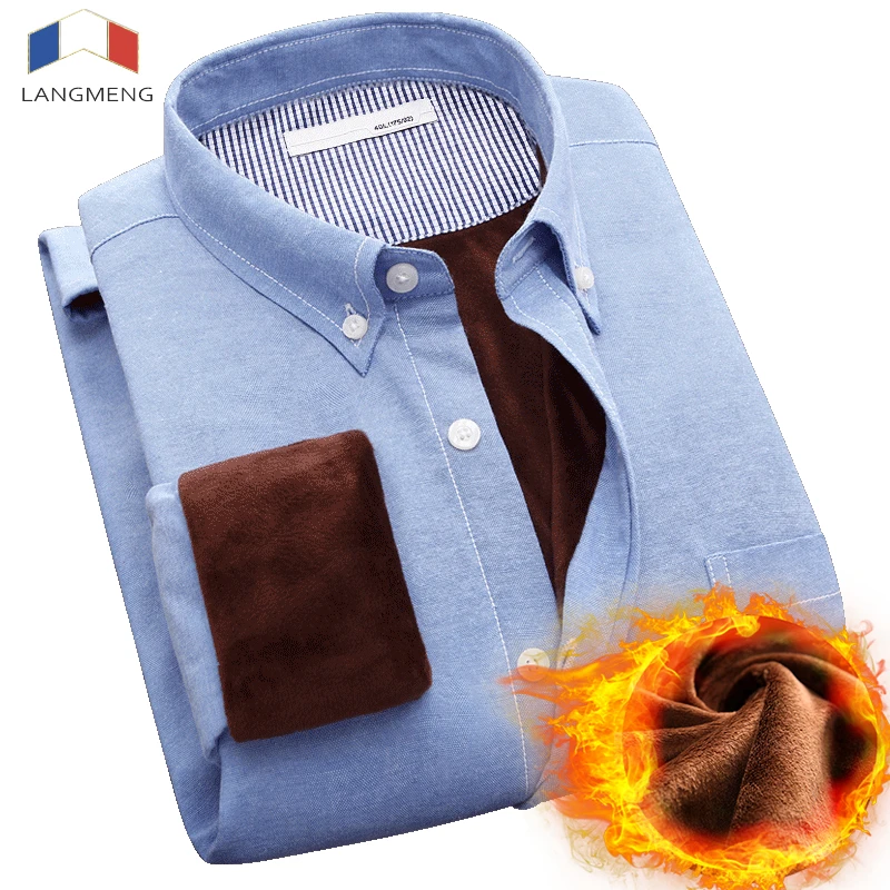

LANGMENG Winter Thick Warm Shirt Men Long Sleeve Brand Casual Shirt Mens Solid Business Dress Shirt Chemise Homme plus size 5XL