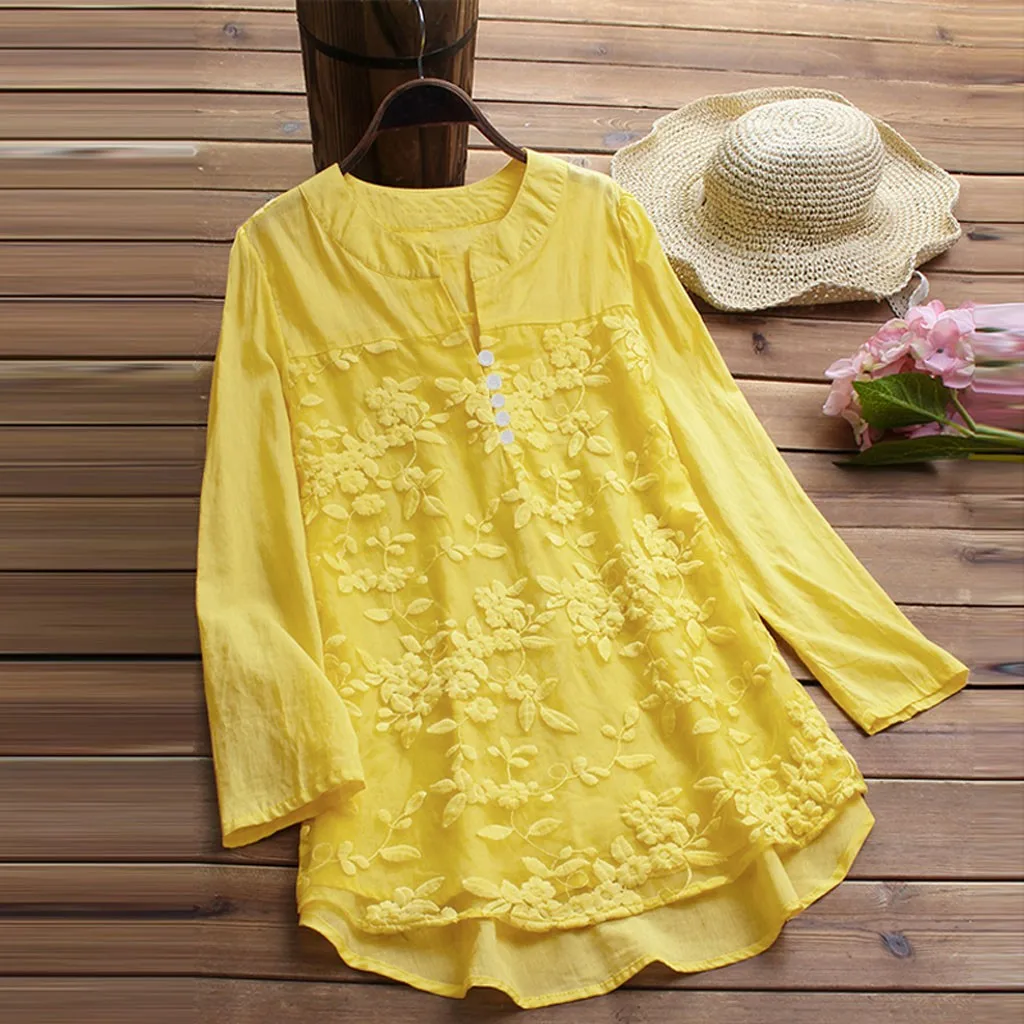 

Casual womens tops and blouses V Neck Long Sleeve Floral Loose Tops Plain Tee Shirt Linen Blouse blusas mujer de moda 2018