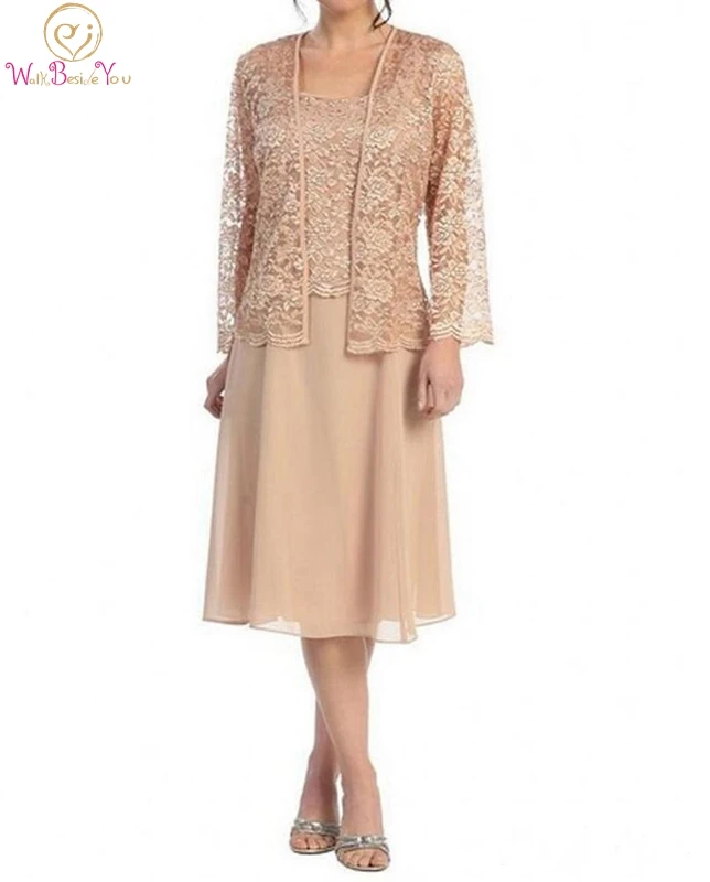 

2019 Mother of the Bride Dresses Sleeveless Knee-length Vintage With Lace Appliques Jacket Three Quarter Sleeves Chiffon Gown