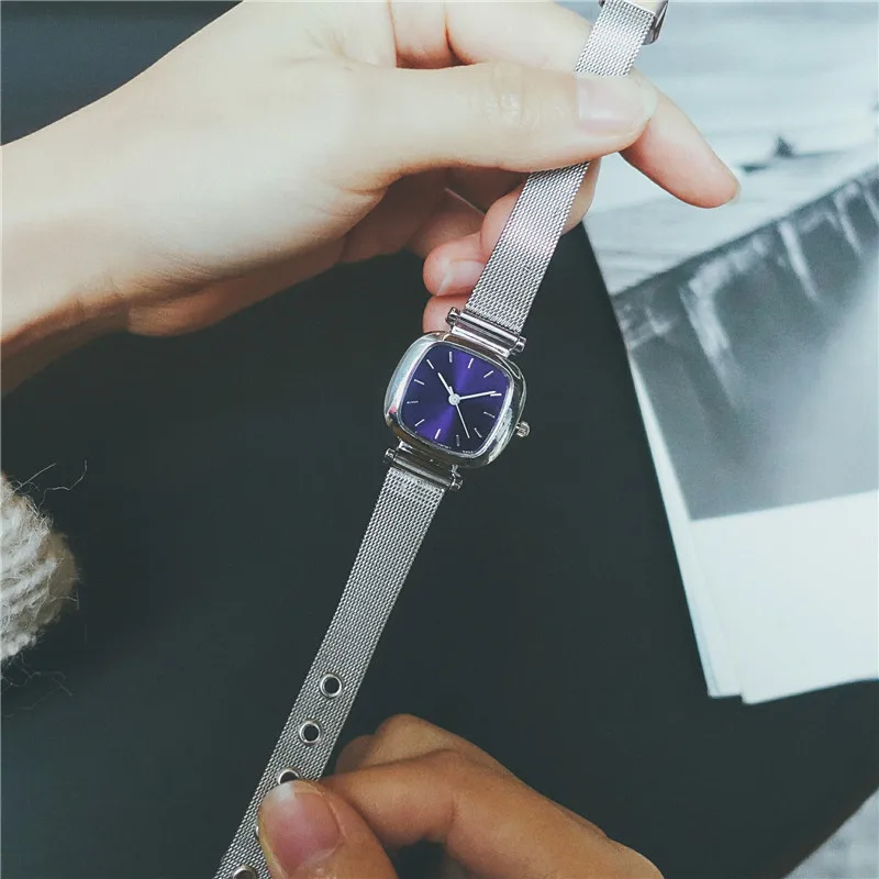 Простые женские модные часы с квадратным циферблатом, дизайн из нержавеющей стали, сетчатый ремешок, женские часы BGG, Ретро стиль, женские кварцевые часы, подарки - Цвет: Синий