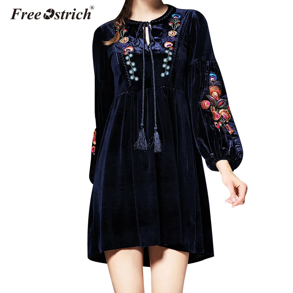 

Free Ostrich Dress Women Autumn Sexy Tasseled Embroidery Velvet Full Sleeve V Neck A Line Mini Dresses Vestidos De Fiesta L2030