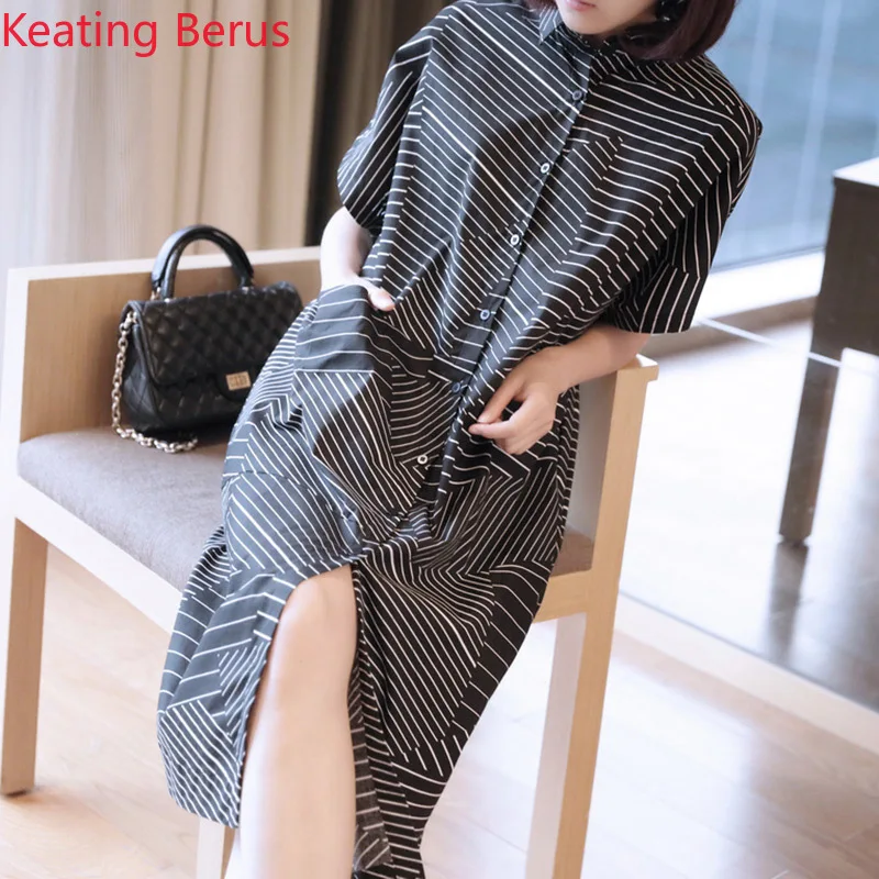 

Summer Blouse Korean Fashion Long Striped Short-sleeved Loose Large Size Shirt Chiffon Shirt Women's Shirt 0796