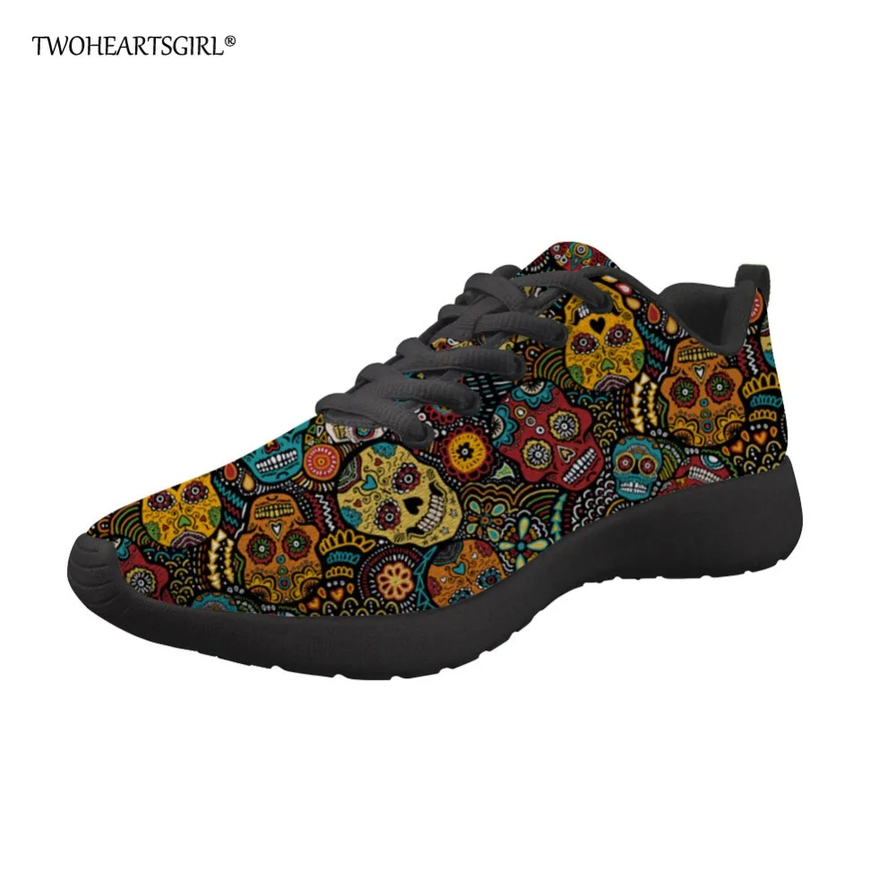 

Twoheartsgirl Trendy Sugar Skull Printed Mesh Sneakers for Women Comfort Flats Shoes Lightweight Lacing Ladies Jogging Shoes