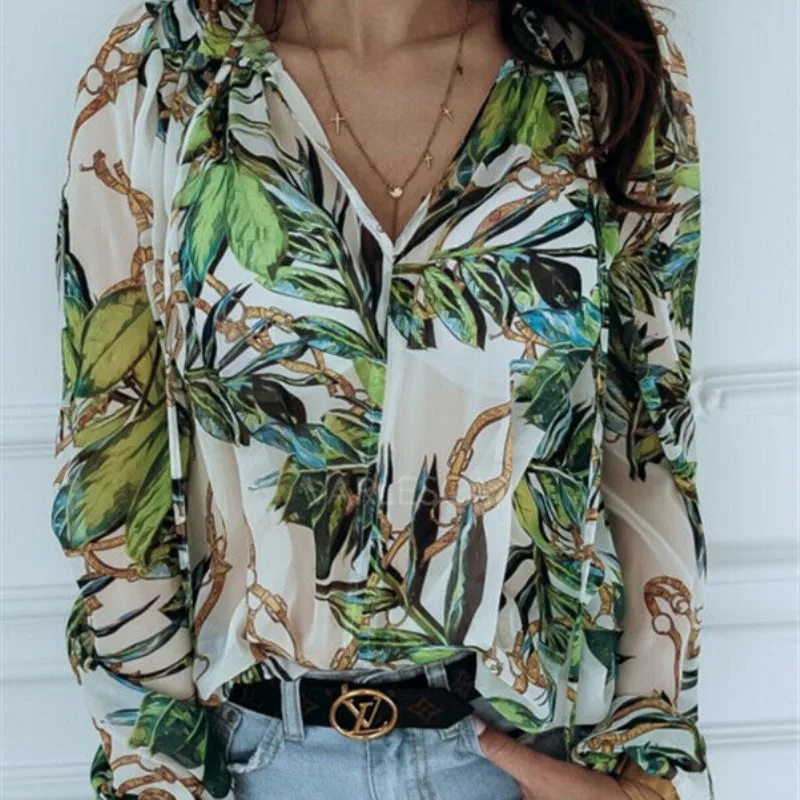 

New Blouse Women Printing Ladies Summer Long Sleeve Shirt Loose Casual Blouse Tops And Tanks For Female Chiffon Off Lady Wears